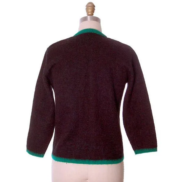 Vintage Ladies Cardigan Sweater Wool/Mohair Fab Blue Butterfly Motif 1960s Med