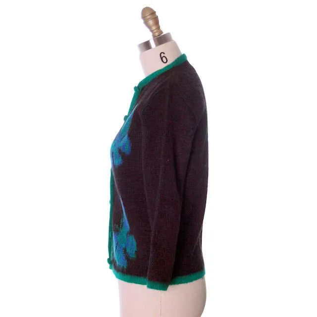 Vintage Ladies Cardigan Sweater Wool/Mohair Fab Blue Butterfly Motif 1960s Med