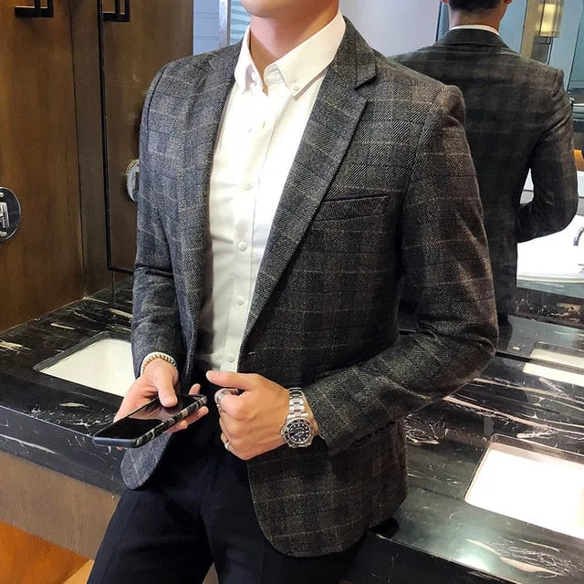 Vintage Plaid Blazer British Stylish Male Blazer Suit