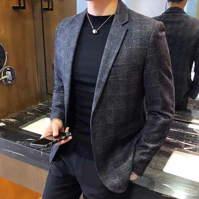 Vintage Plaid Blazer British Stylish Male Blazer Suit