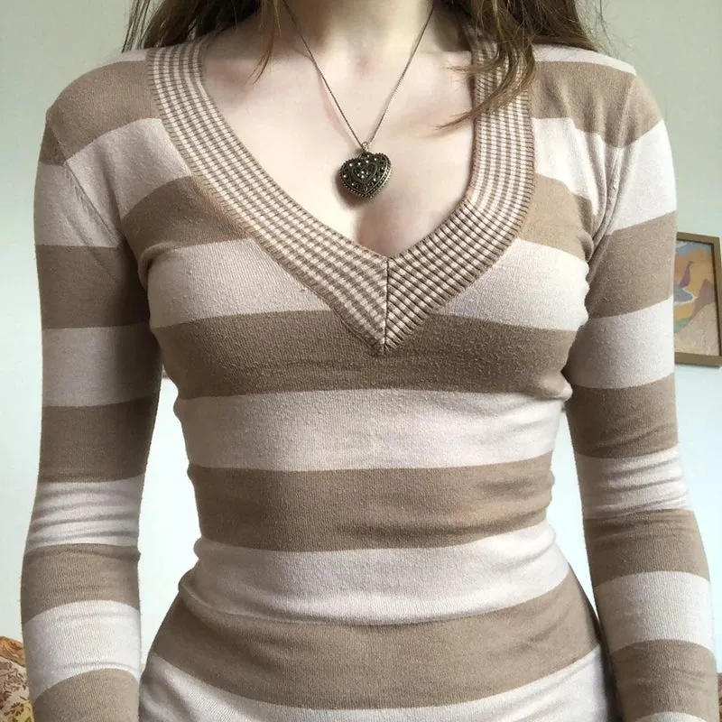 Vintage Striped T-shirt V-Neck Long Sleeve Knit Top Women