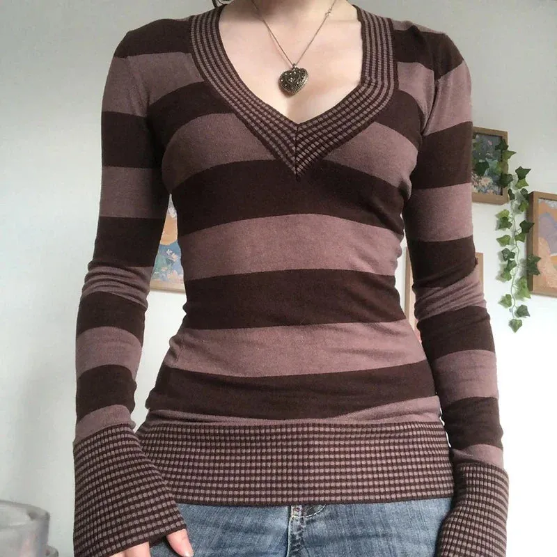 Vintage Striped T-shirt V-Neck Long Sleeve Knit Top Women