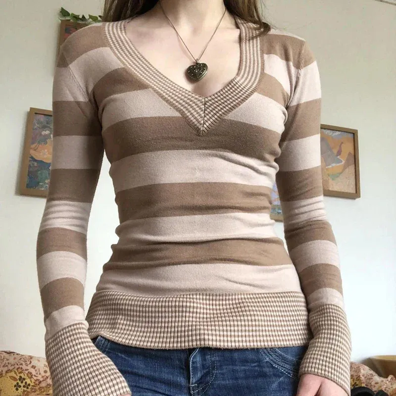 Vintage Striped T-shirt V-Neck Long Sleeve Knit Top Women