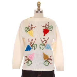Vintage  Sweater Fab 3D Embroidered Grapes  100% Wool 1960s Sz 38