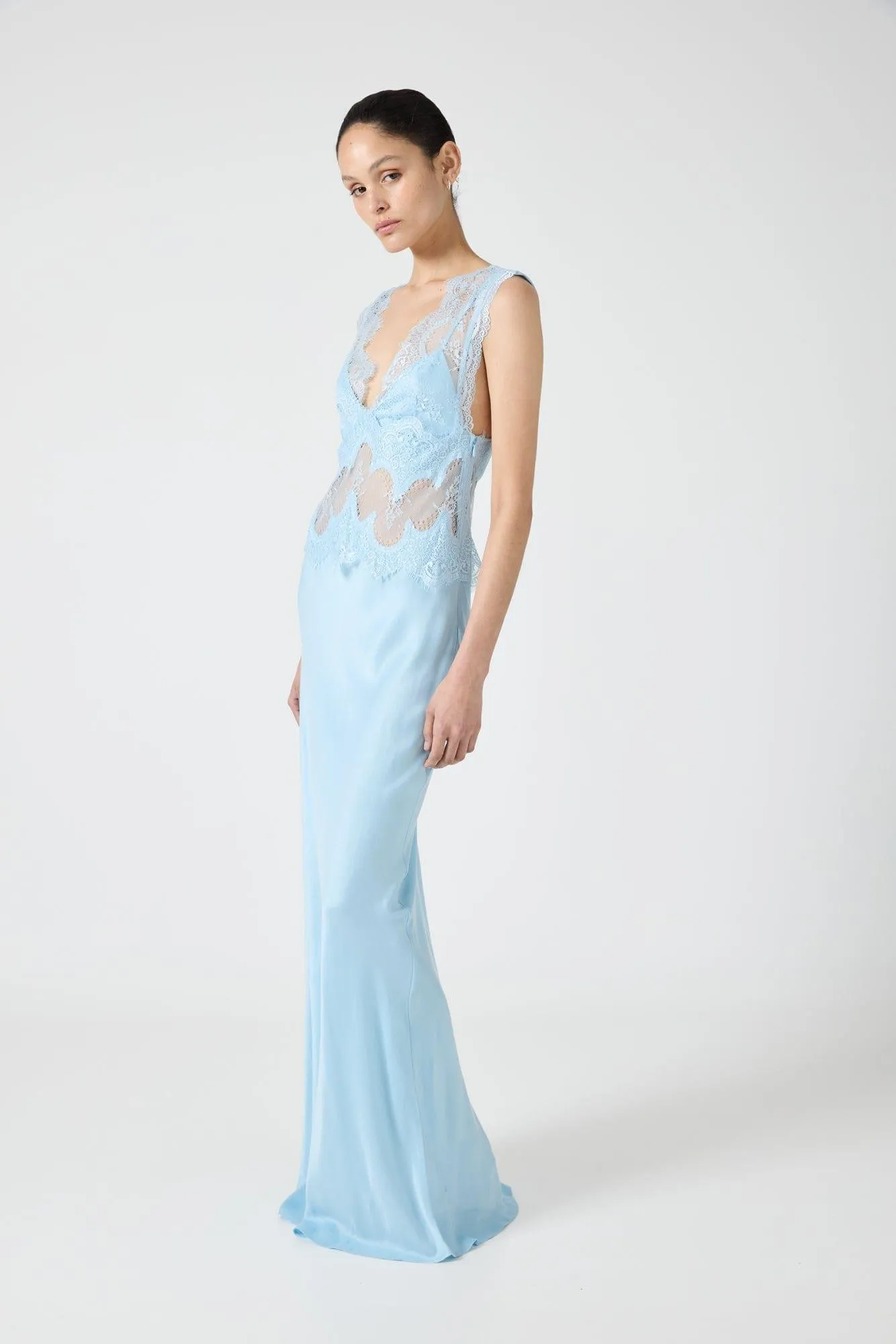 VISIONS LACE FLOOR LENGTH DRESS | SKY BLUE