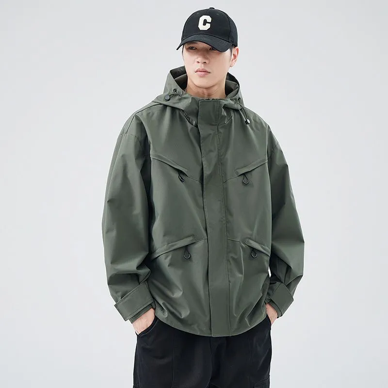 Waterproof Solid Color Raincoat Featuring a Drawstring Hem and Cargo Pockets