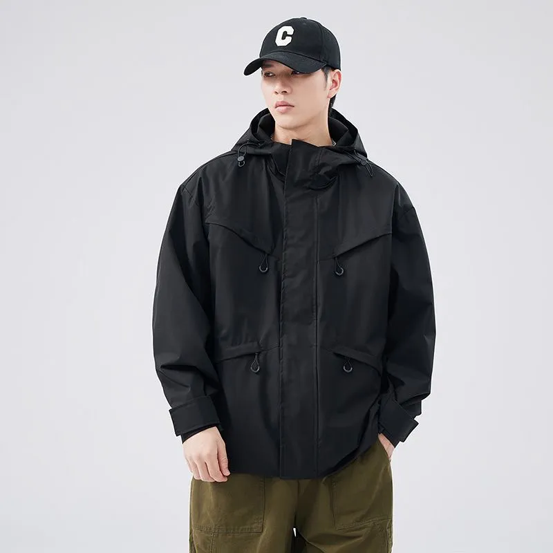 Waterproof Solid Color Raincoat Featuring a Drawstring Hem and Cargo Pockets