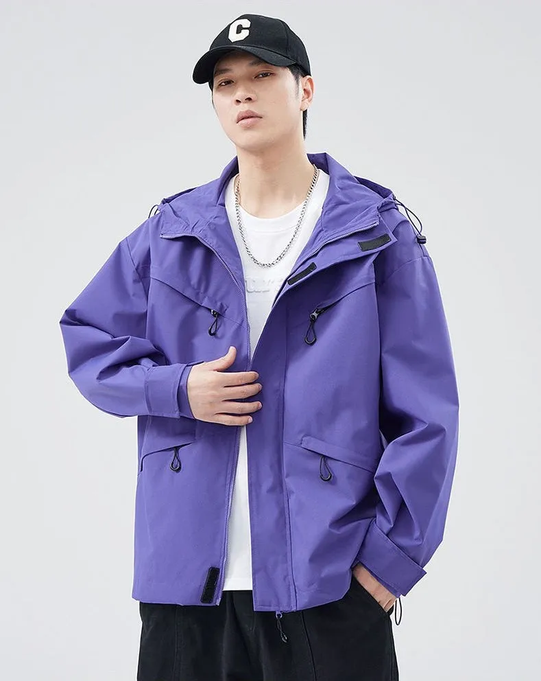 Waterproof Solid Color Raincoat Featuring a Drawstring Hem and Cargo Pockets
