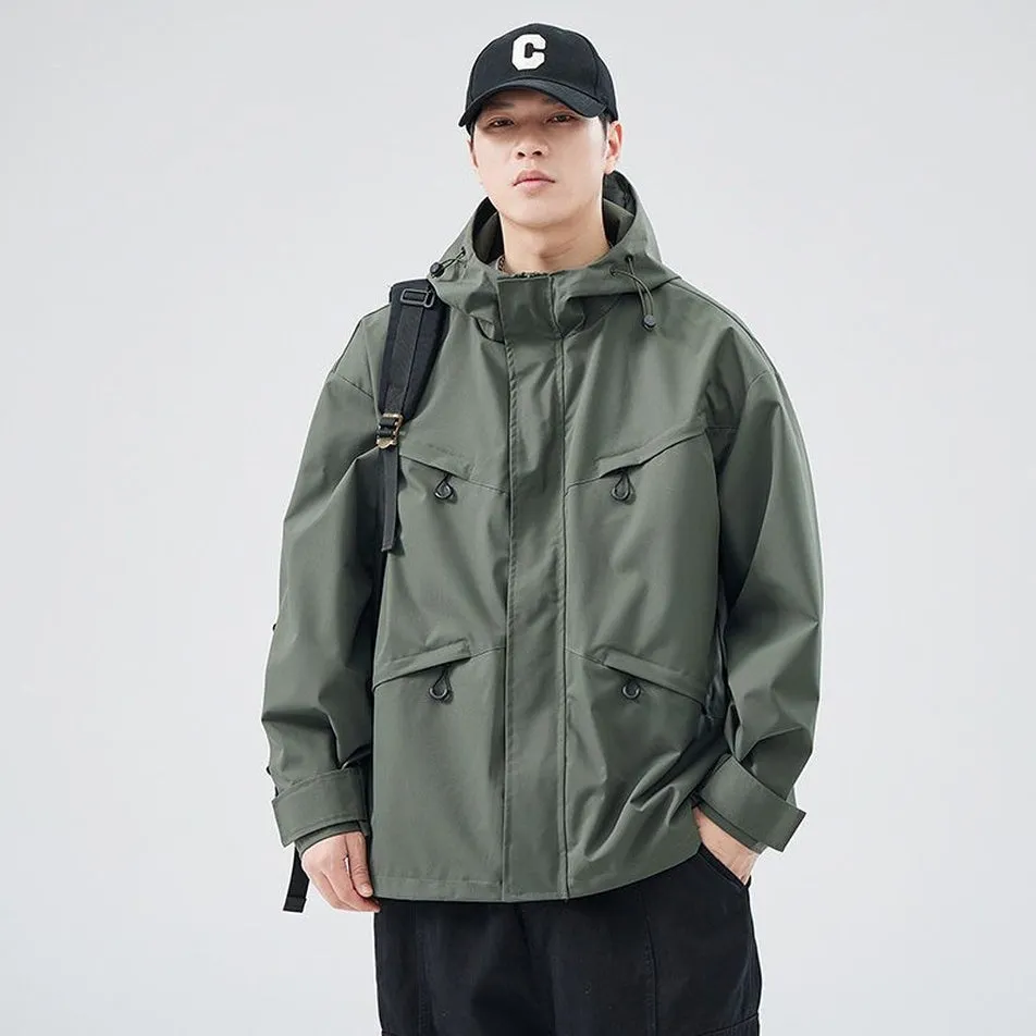 Waterproof Solid Color Raincoat Featuring a Drawstring Hem and Cargo Pockets