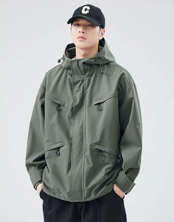 Waterproof Solid Color Raincoat Featuring a Drawstring Hem and Cargo Pockets
