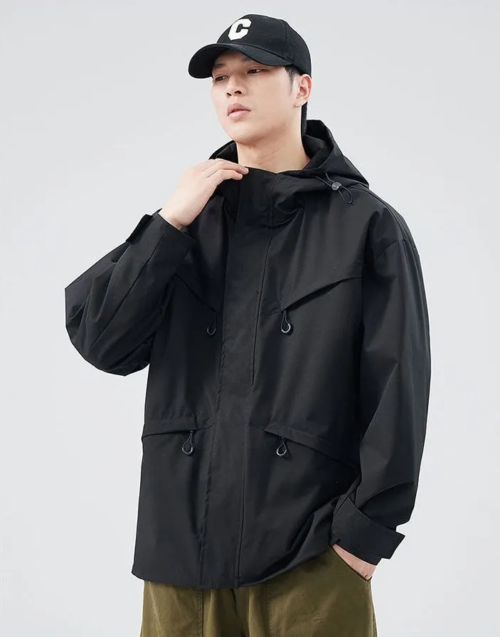 Waterproof Solid Color Raincoat Featuring a Drawstring Hem and Cargo Pockets