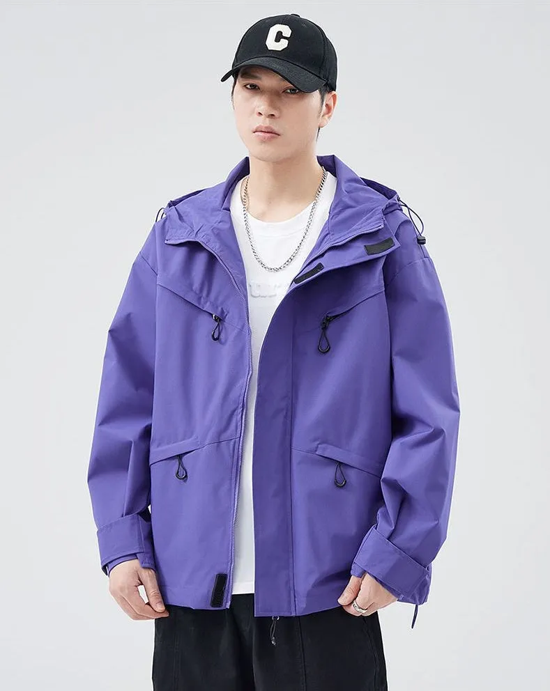 Waterproof Solid Color Raincoat Featuring a Drawstring Hem and Cargo Pockets