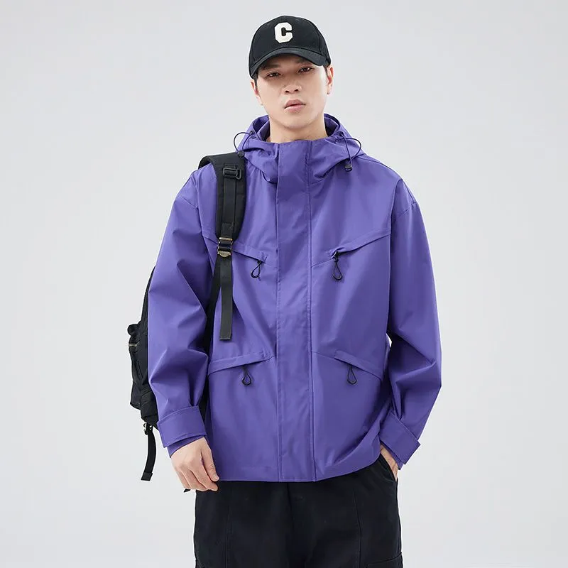 Waterproof Solid Color Raincoat Featuring a Drawstring Hem and Cargo Pockets