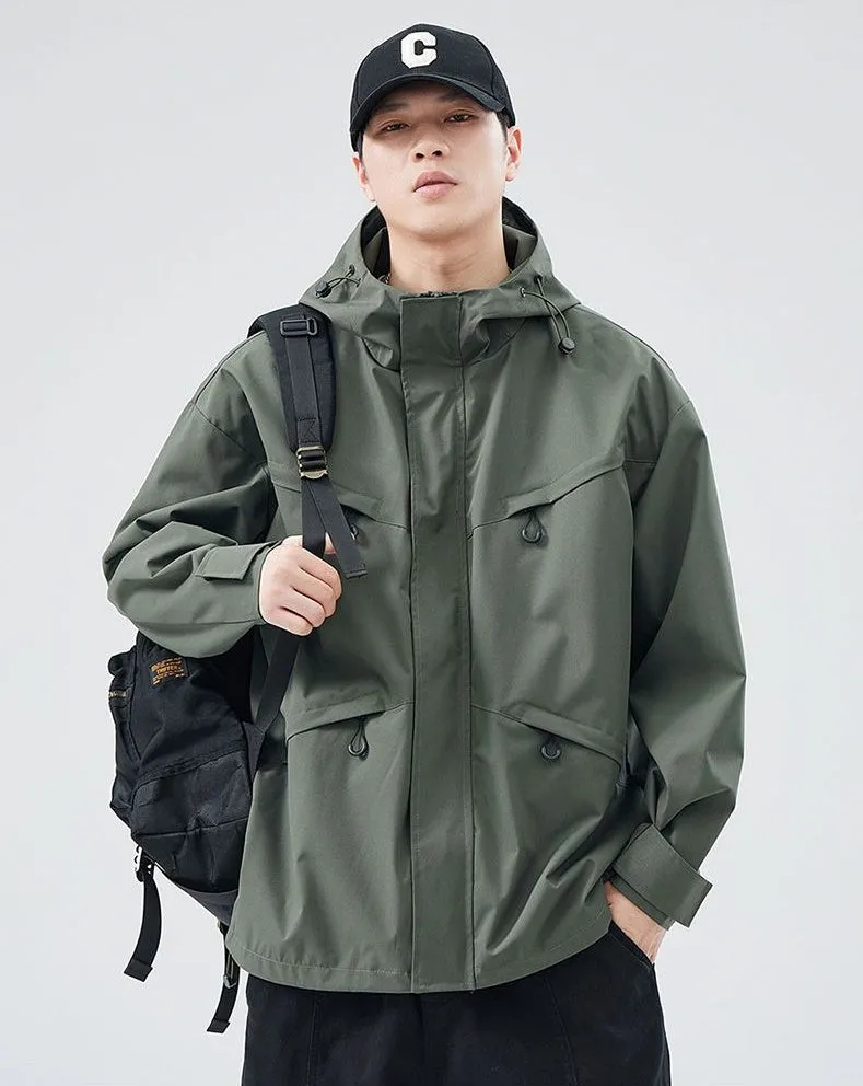 Waterproof Solid Color Raincoat Featuring a Drawstring Hem and Cargo Pockets