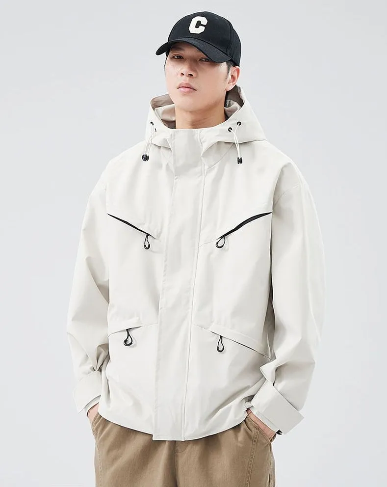 Waterproof Solid Color Raincoat Featuring a Drawstring Hem and Cargo Pockets