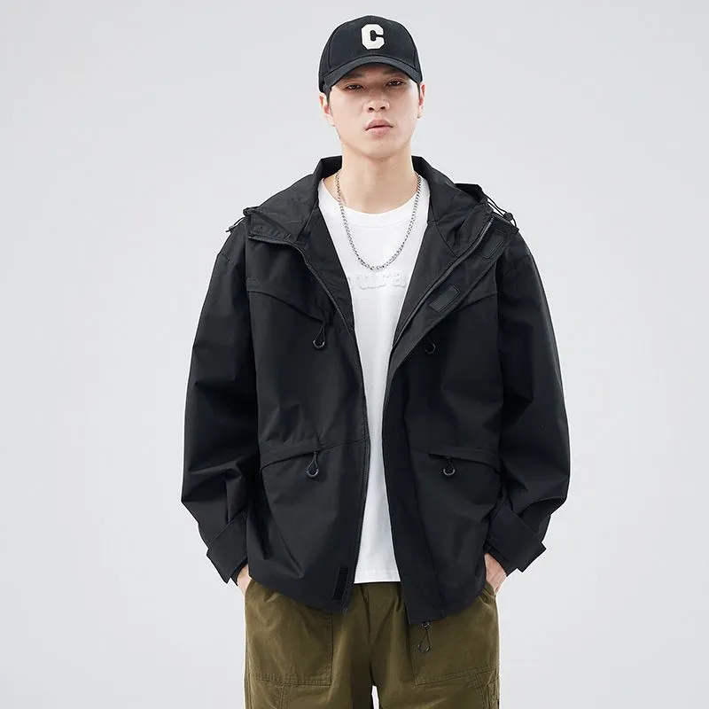 Waterproof Solid Color Raincoat Featuring a Drawstring Hem and Cargo Pockets