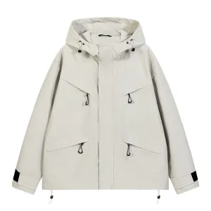 Waterproof Solid Color Raincoat Featuring a Drawstring Hem and Cargo Pockets
