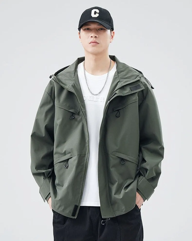Waterproof Solid Color Raincoat Featuring a Drawstring Hem and Cargo Pockets