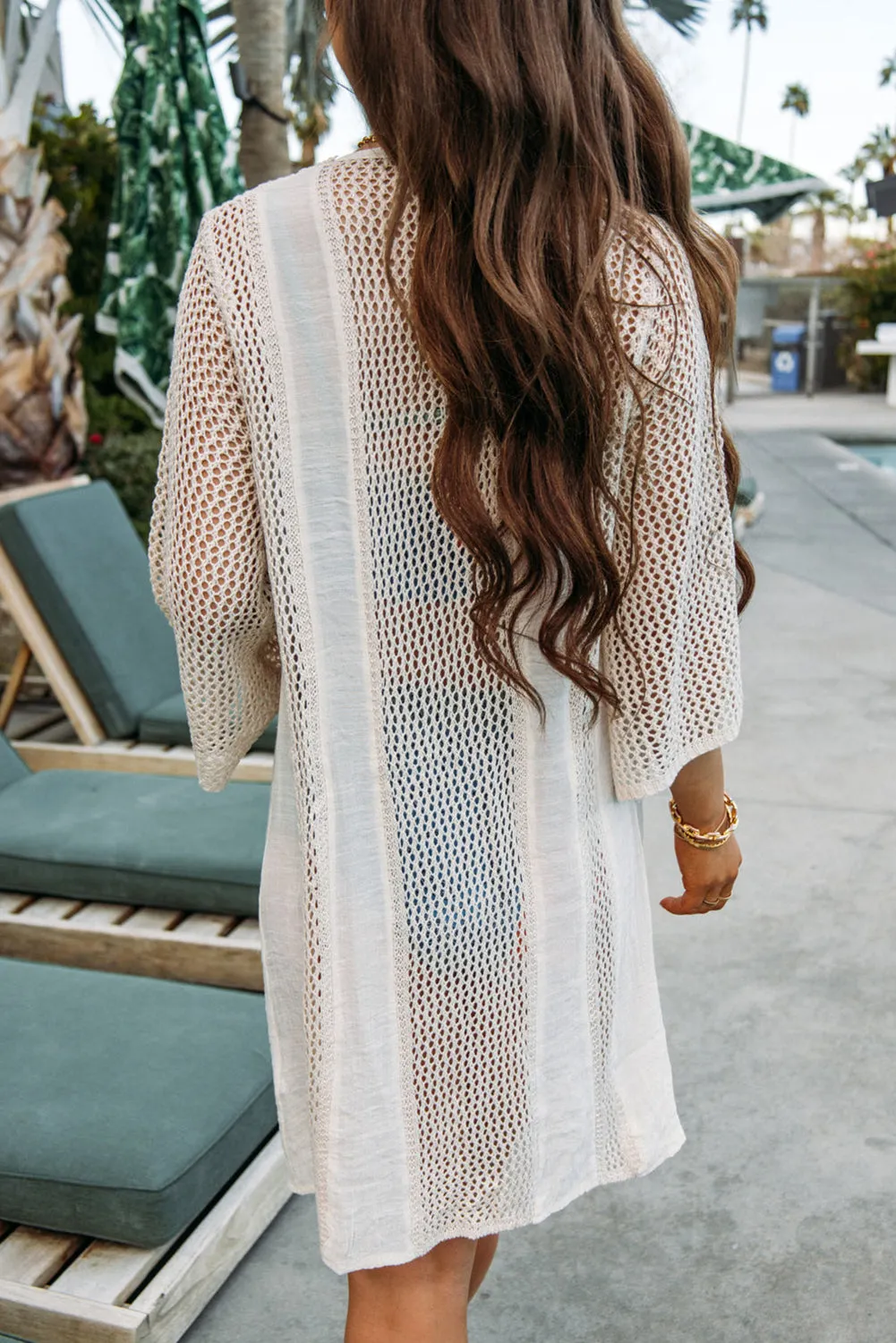 White Mixed Eyelet Knit 3/4 Sleeve Kimono