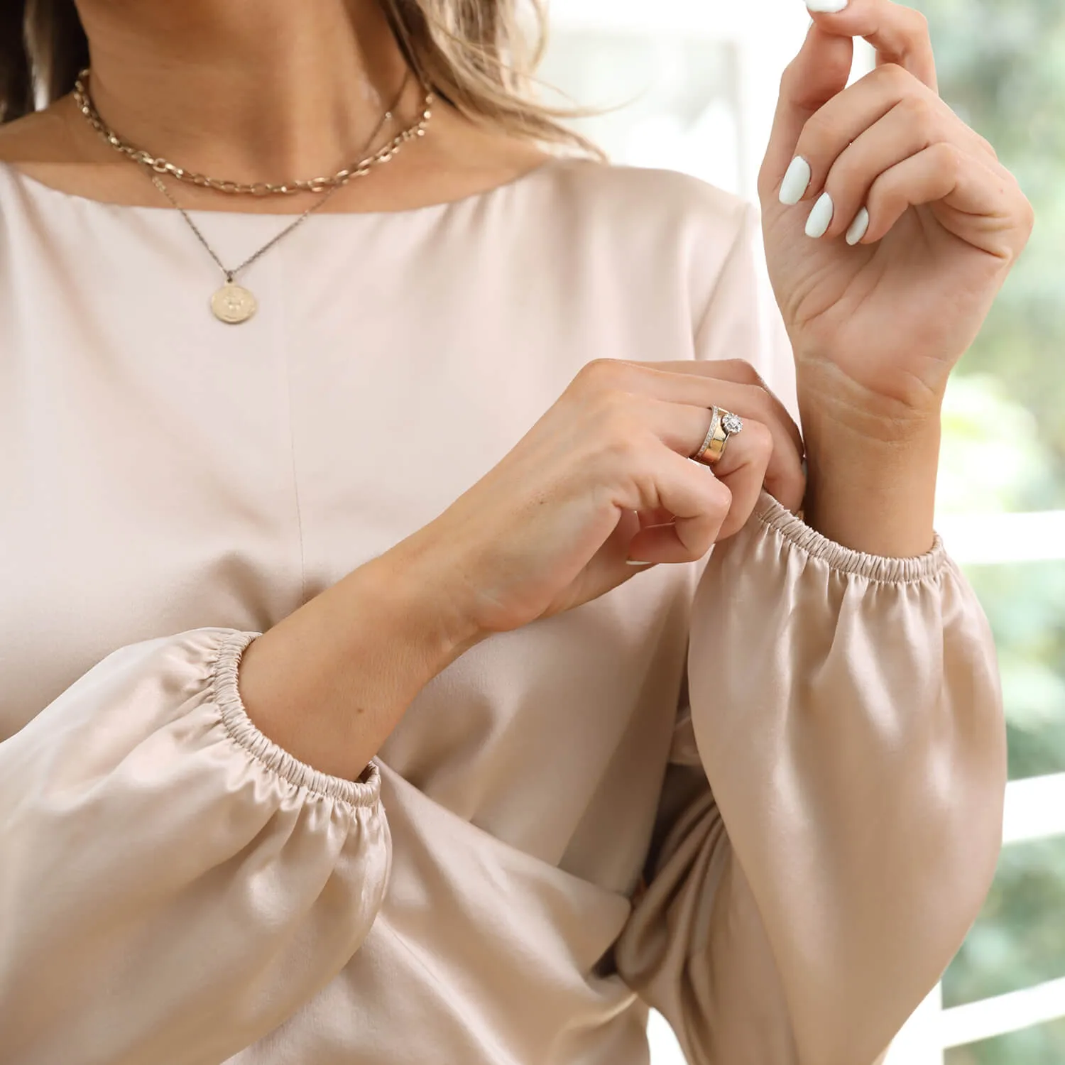 Women Silk Blouses Dressy Long Sleeve Pleated Silk Wrap Tops