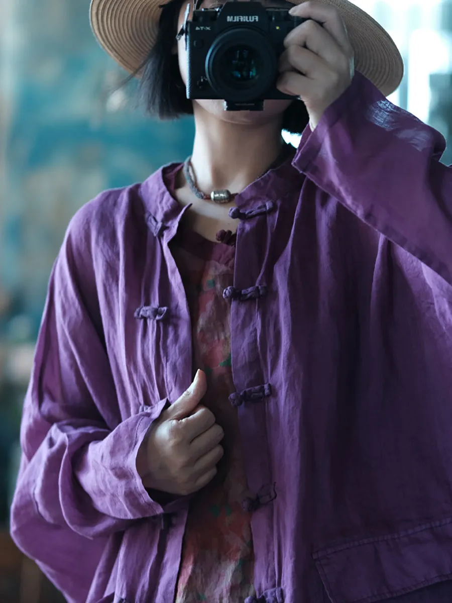 Women Spring Stand Collar Pure Color 100%Ramie Long Shirt