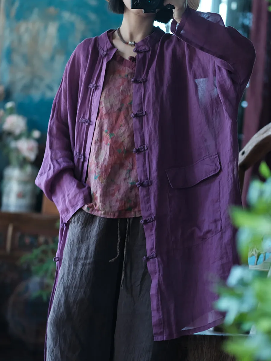 Women Spring Stand Collar Pure Color 100%Ramie Long Shirt