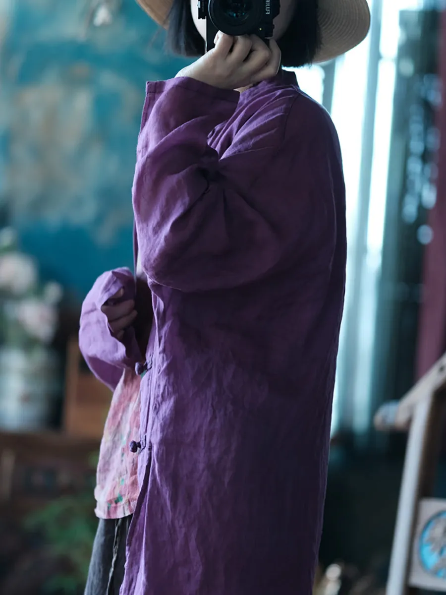 Women Spring Stand Collar Pure Color 100%Ramie Long Shirt
