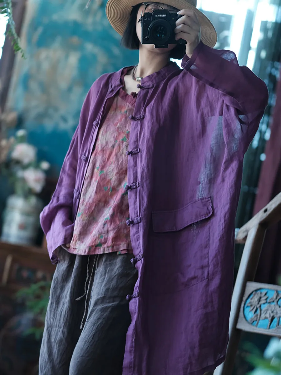 Women Spring Stand Collar Pure Color 100%Ramie Long Shirt