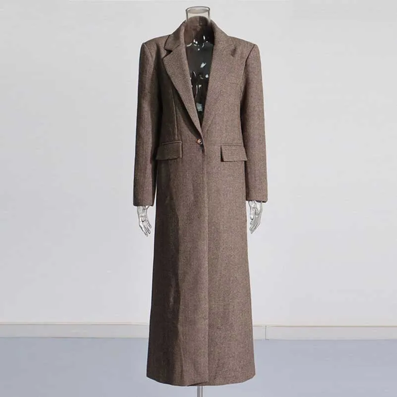 Women's Brown Straight Cut Maxi Coat with Wide Shoulders