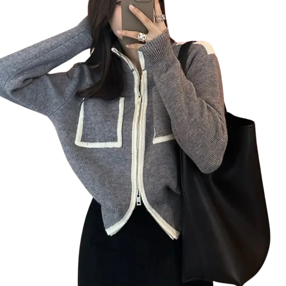 Women's Contrast Zipper Knit Cardigan