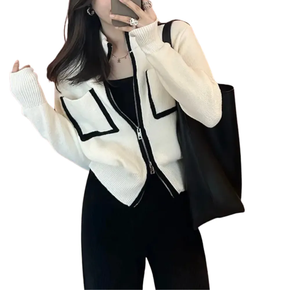 Women's Contrast Zipper Knit Cardigan