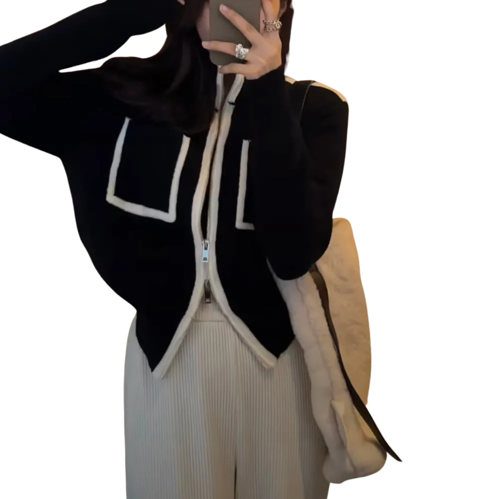 Women's Contrast Zipper Knit Cardigan