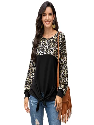 Women's Leopard Print Color Block Tie Knot T-Shirt