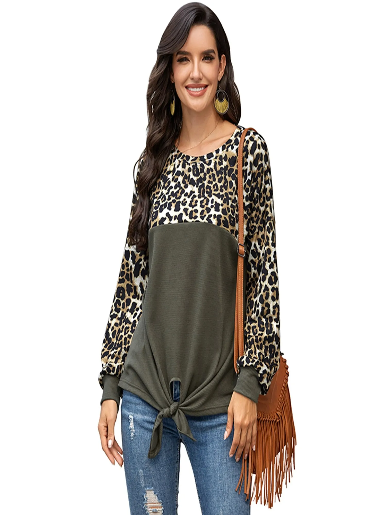 Women's Leopard Print Color Block Tie Knot T-Shirt