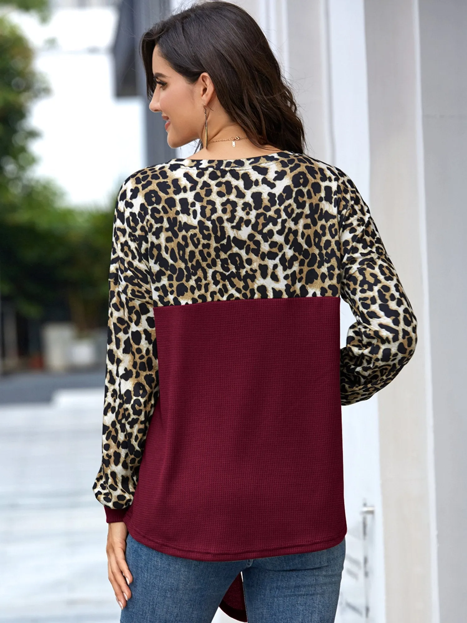 Women's Leopard Print Color Block Tie Knot T-Shirt