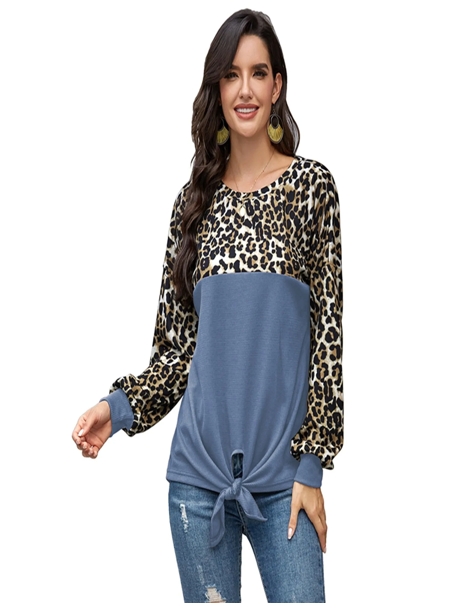Women's Leopard Print Color Block Tie Knot T-Shirt