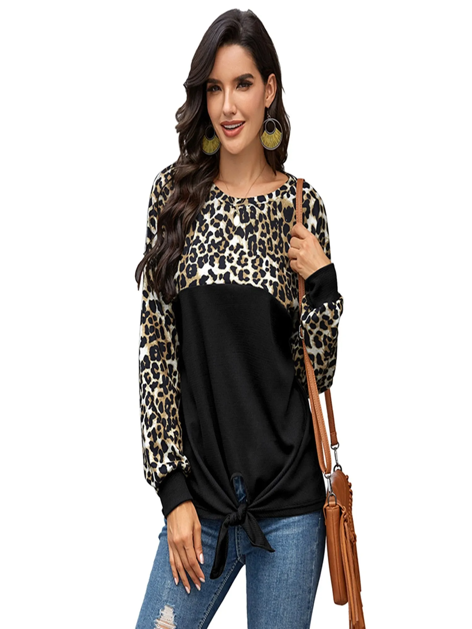 Women's Leopard Print Color Block Tie Knot T-Shirt