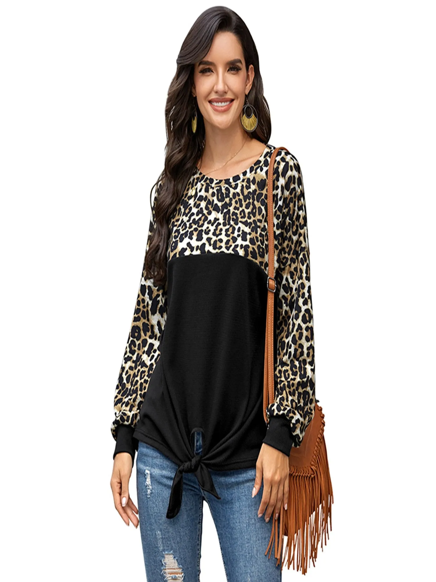 Women's Leopard Print Color Block Tie Knot T-Shirt