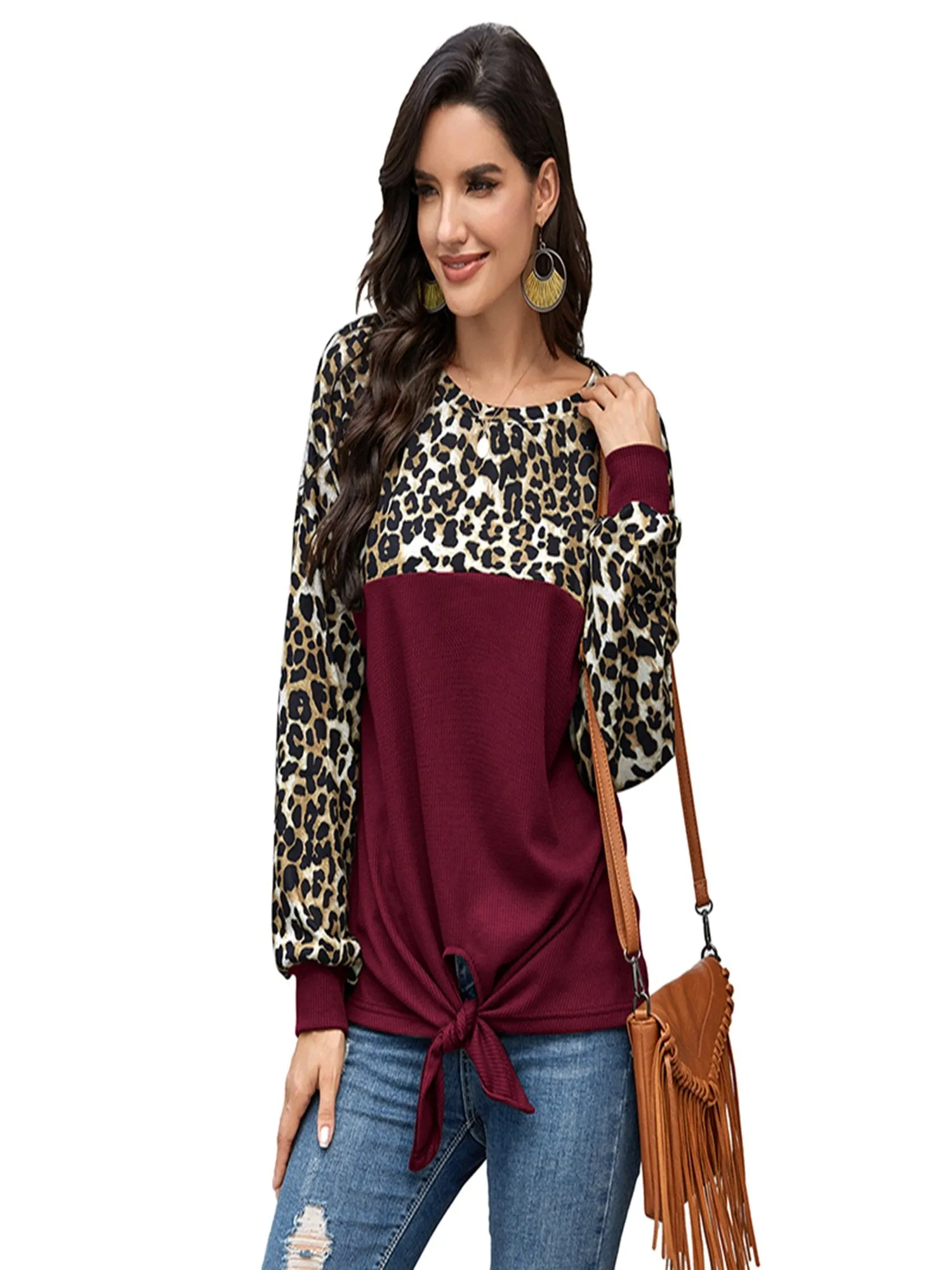 Women's Leopard Print Color Block Tie Knot T-Shirt