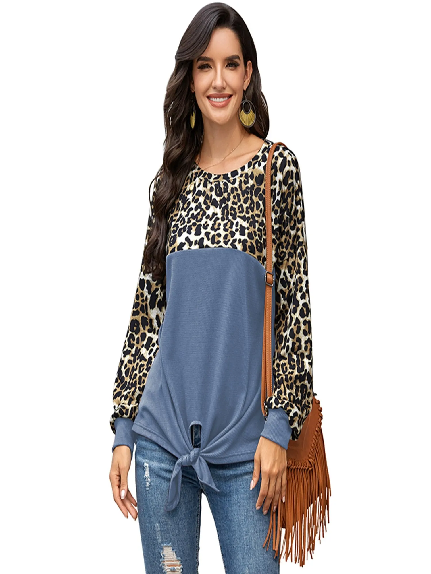 Women's Leopard Print Color Block Tie Knot T-Shirt