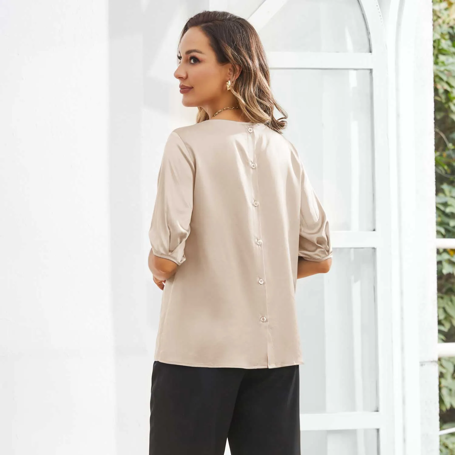 Womens Silk Blouse Short Sleeves Both Sides Silk Top