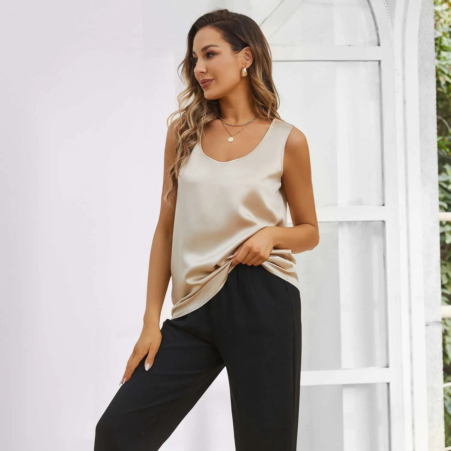 Women's Silk Tank Top Round Collar Sleeveless Silk Tops