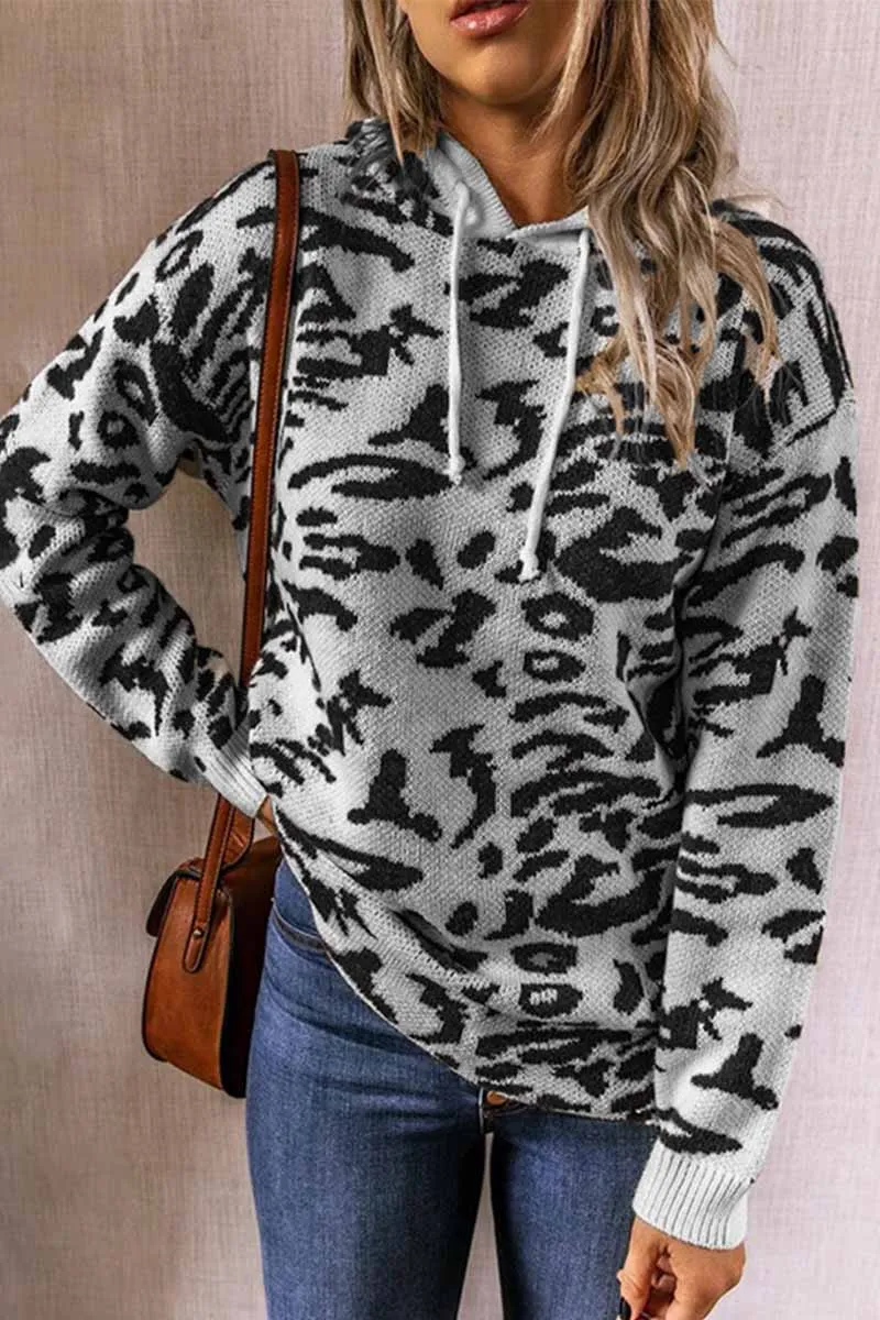 Xieyinshe Xieyinshe Leopard Knit Drawstring Hood Tops