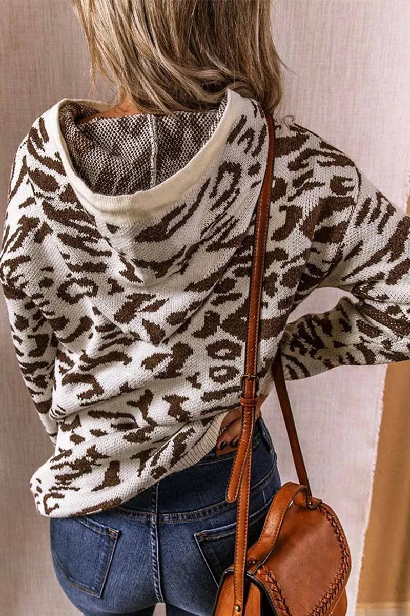 Xieyinshe Xieyinshe Leopard Knit Drawstring Hood Tops