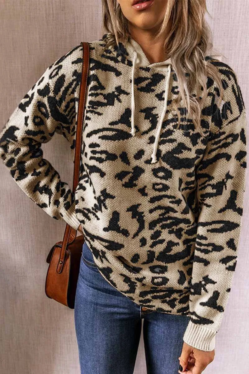 Xieyinshe Xieyinshe Leopard Knit Drawstring Hood Tops