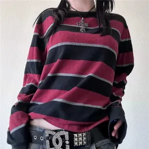 Y2k Stripe Graphic Slim Grunge Long Sleeve Knit Top