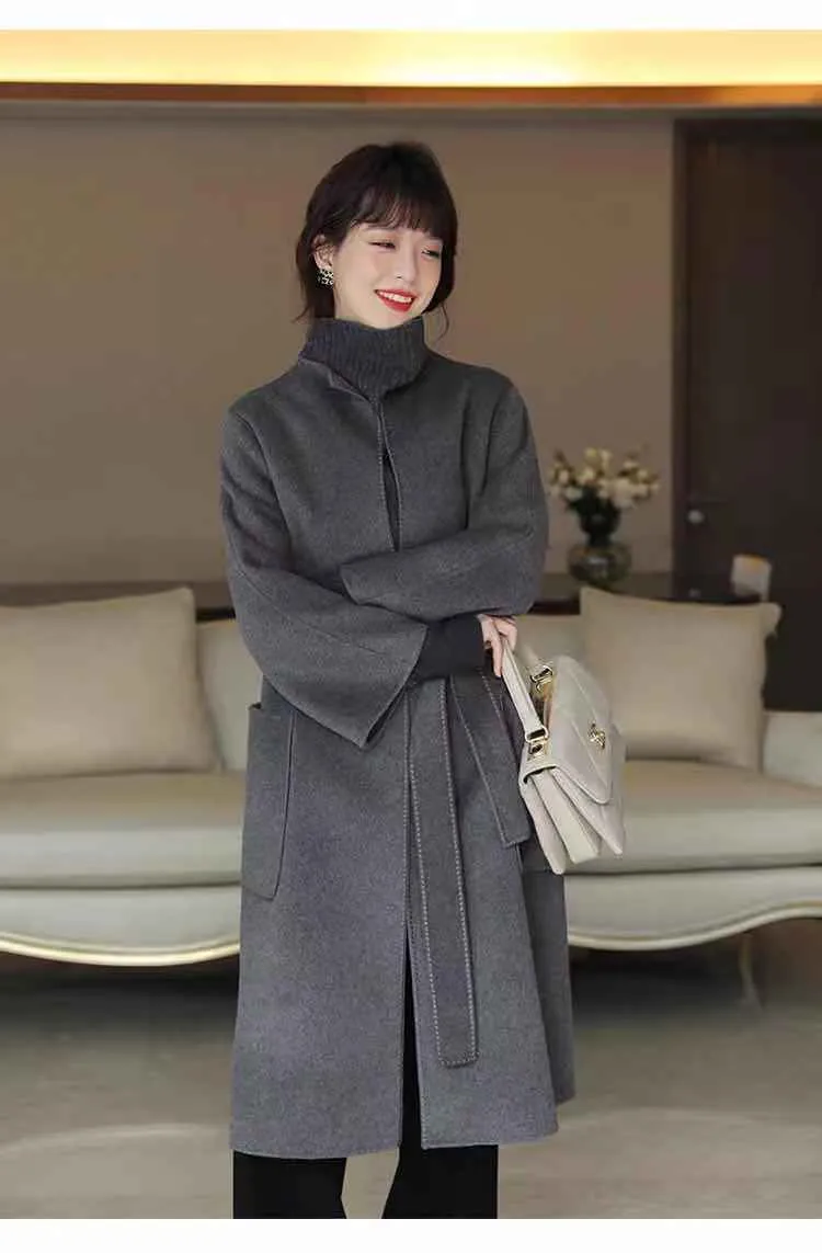 ZABRI High Quality Ladies Long sweater Luxury Women's jackets &amp; coats  Grey Wool Cashmere  Coat