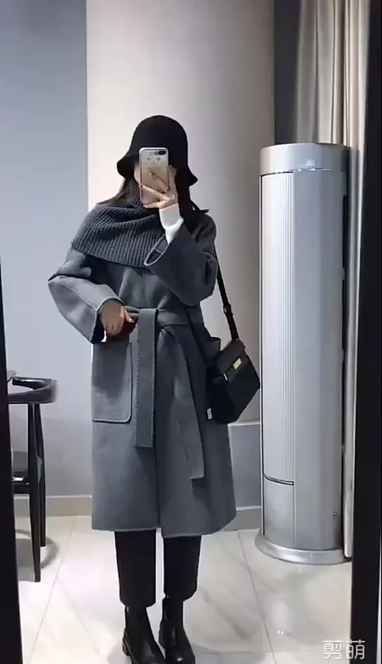 ZABRI High Quality Ladies Long sweater Luxury Women's jackets &amp; coats  Grey Wool Cashmere  Coat