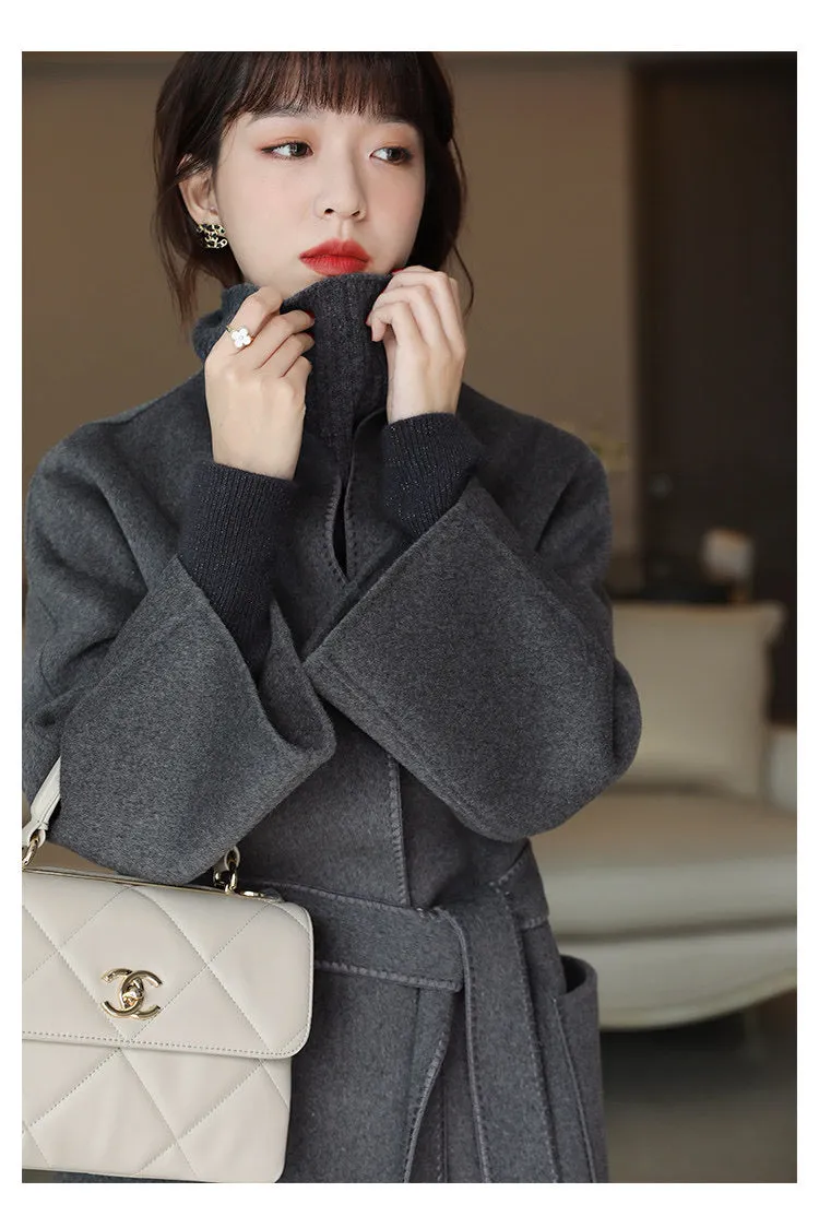 ZABRI High Quality Ladies Long sweater Luxury Women's jackets &amp; coats  Grey Wool Cashmere  Coat